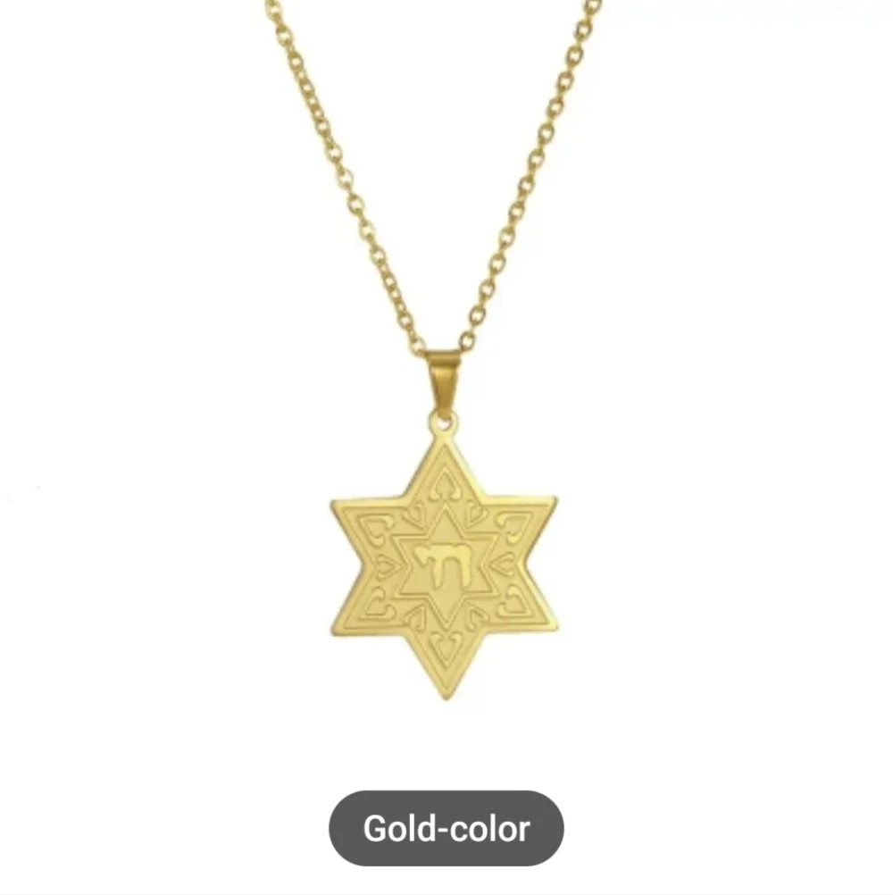 Necklace--Stainless Star of David w/Chai, Gold or Silver Tone
